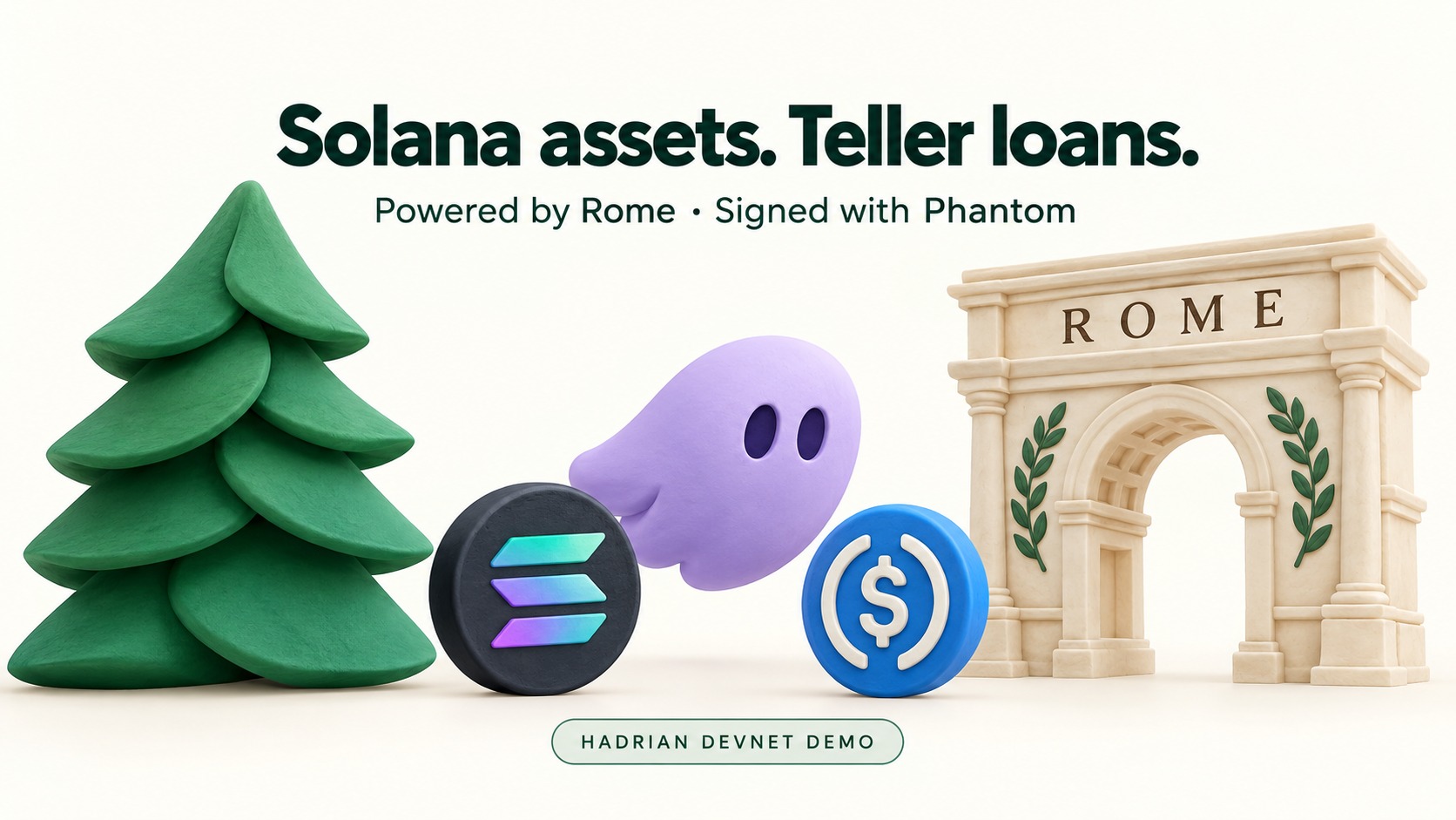 Solana assets. Teller loans. Powered by Rome and signed with Phantom: Hadrian devnet demo, with Teller’s tree, SOL and USDC tokens, Phantom and a Rome arch.