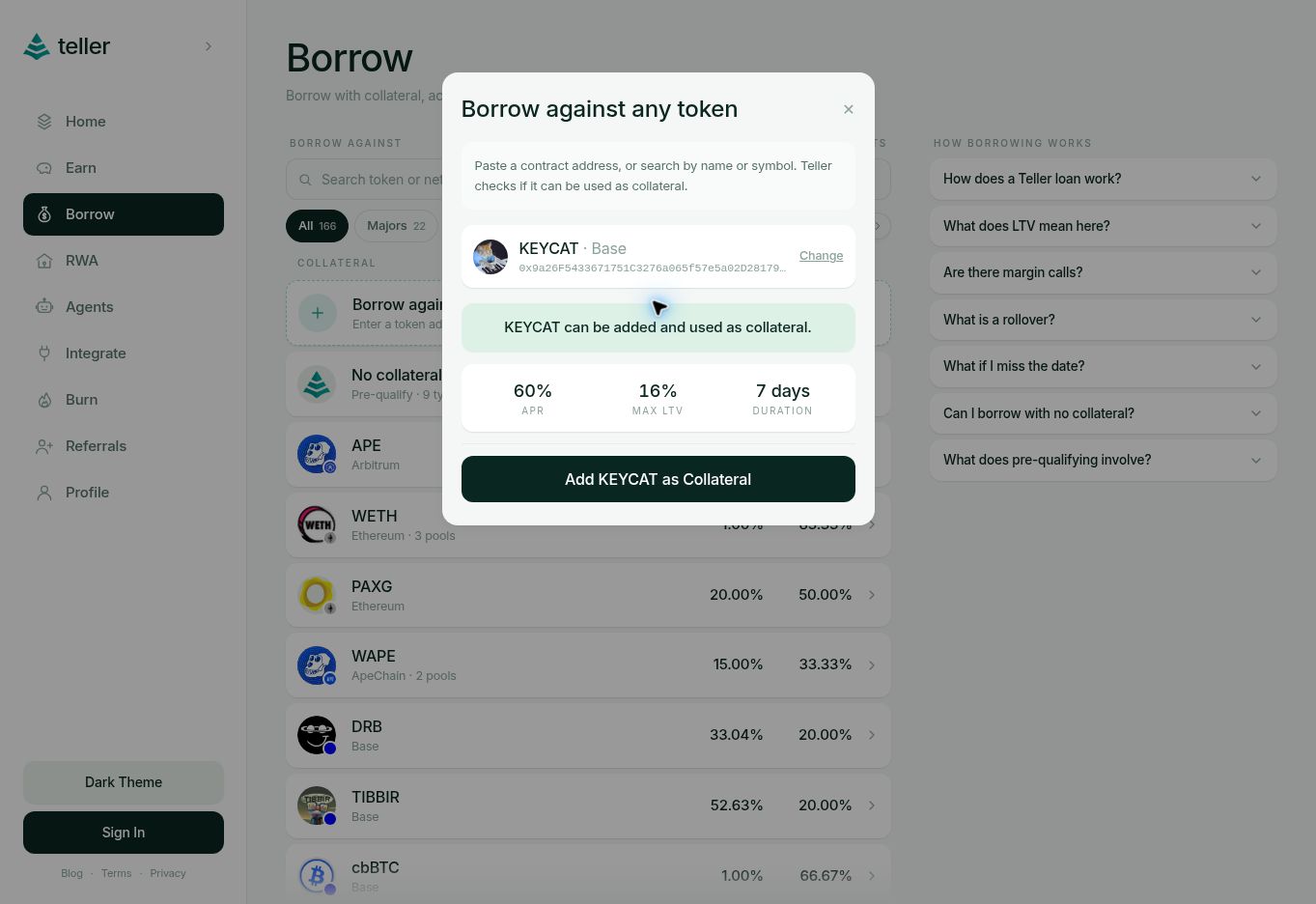 Borrow assessment in Teller Pro showing eligibility and proposed terms for KEYCAT on Base