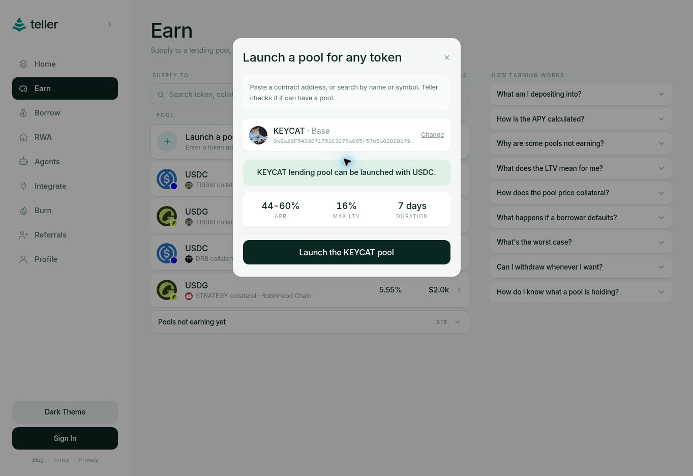 Earn assessment in Teller Pro showing a proposed USDC lending pool for KEYCAT collateral